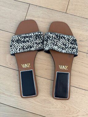 ZARA Woven Raffia Slide Sandals Black Cream Square Toe Size 39